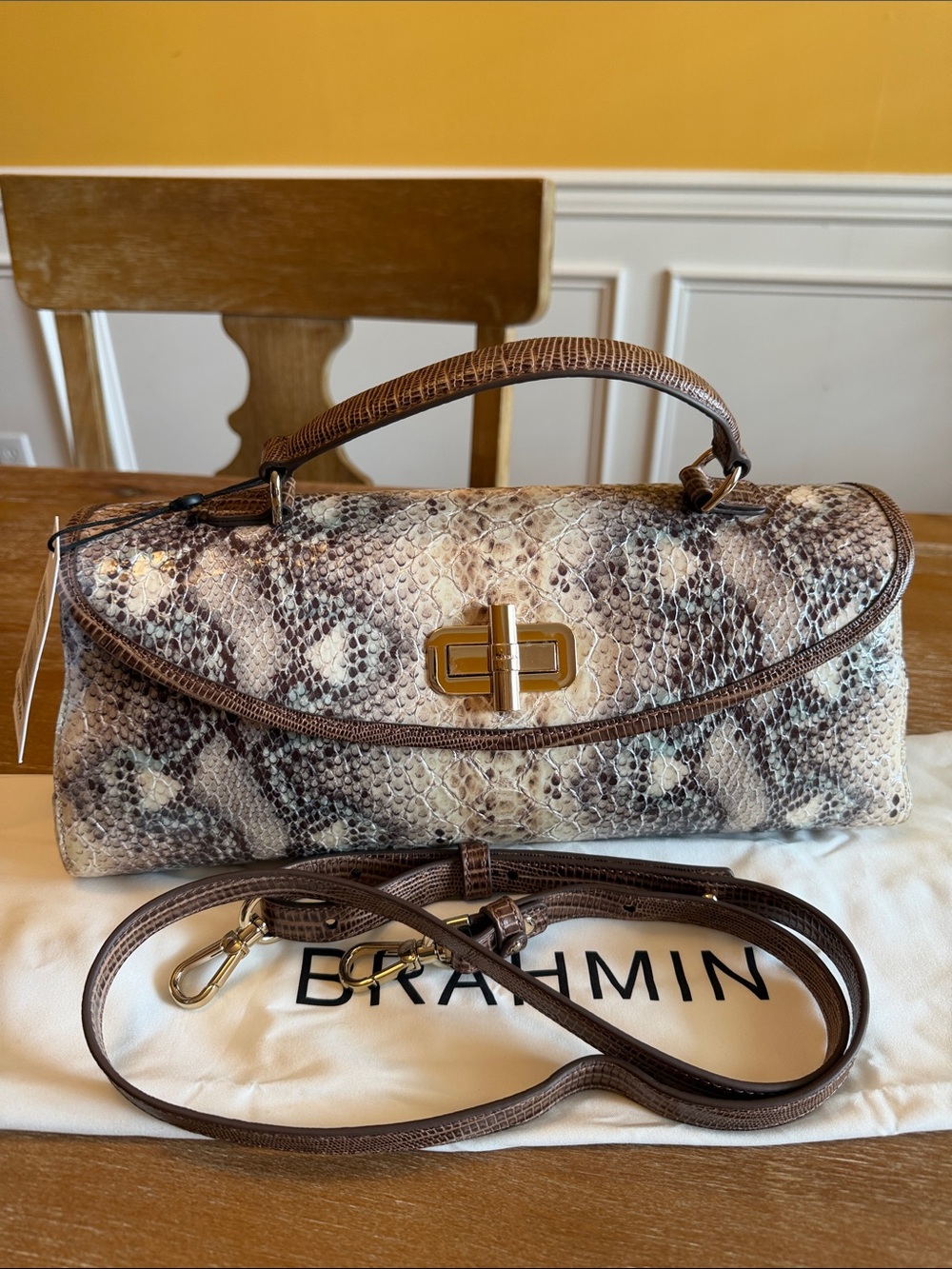 Brahmin Neutral Snake-Print Leather Top-Handle Satchel with Gold Hardware